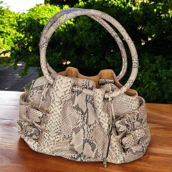 Y2K Cole Haan Python Snakeprint Leather Big Hobo Bag Purse Cream Taupe Buckles - Picture 1 of 16